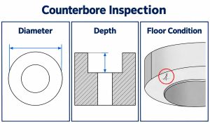 Counterbore inspection concepts showing diameter measurement, recess depth and floor condition