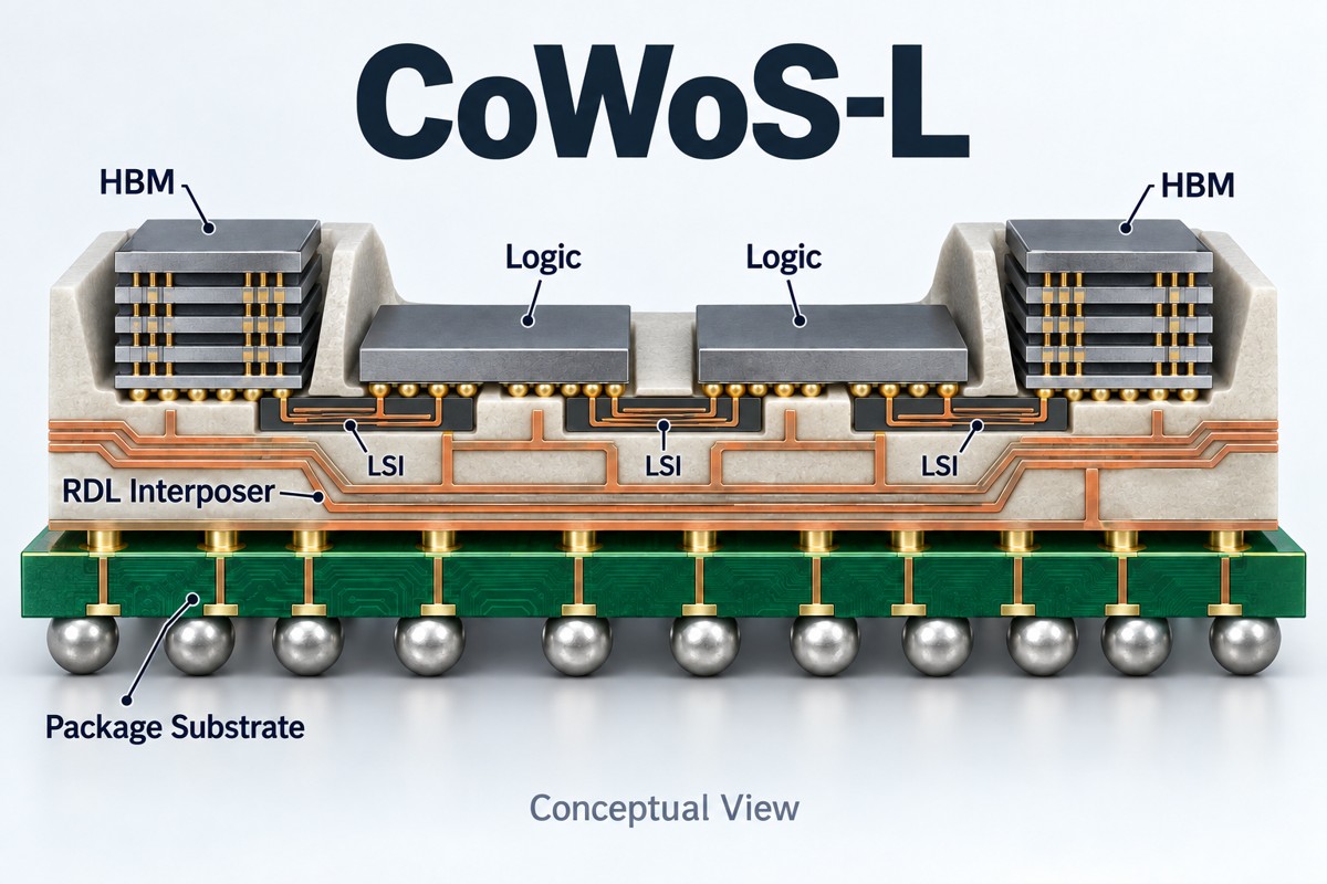 Conceptual CoWoS-L package with embedded local silicon interconnects