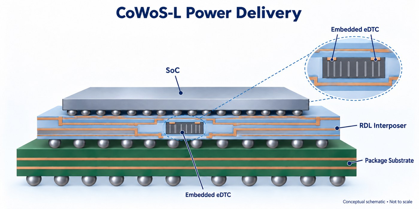 Embedded eDTC beneath the SoC within the RDL interposer above a separate package substrate