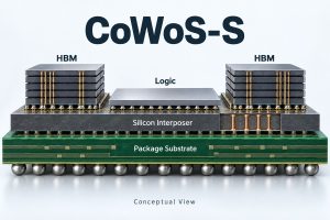 Conceptual CoWoS-S package with logic and HBM above a continuous silicon interposer