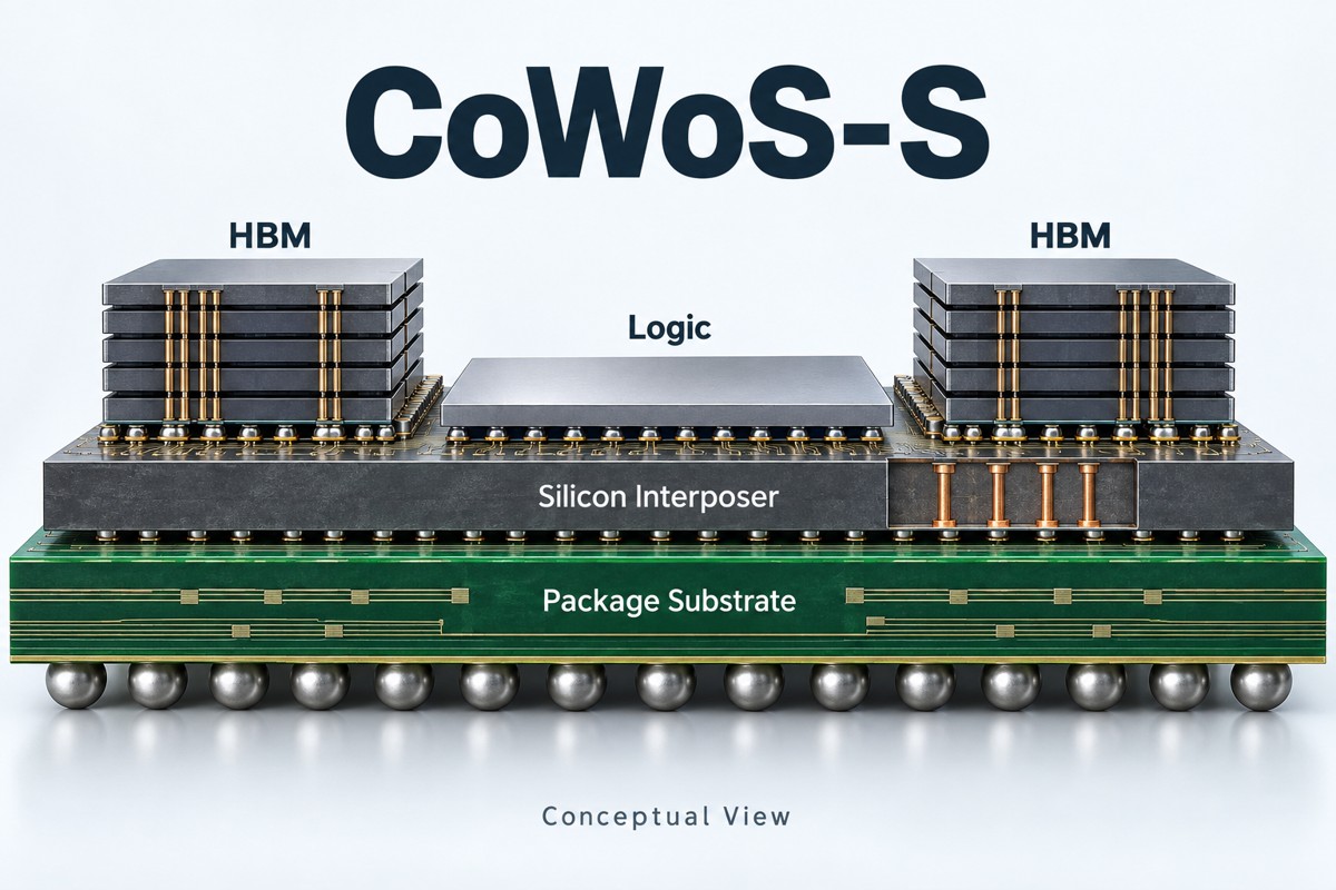 Conceptual CoWoS-S package with logic and HBM above a continuous silicon interposer