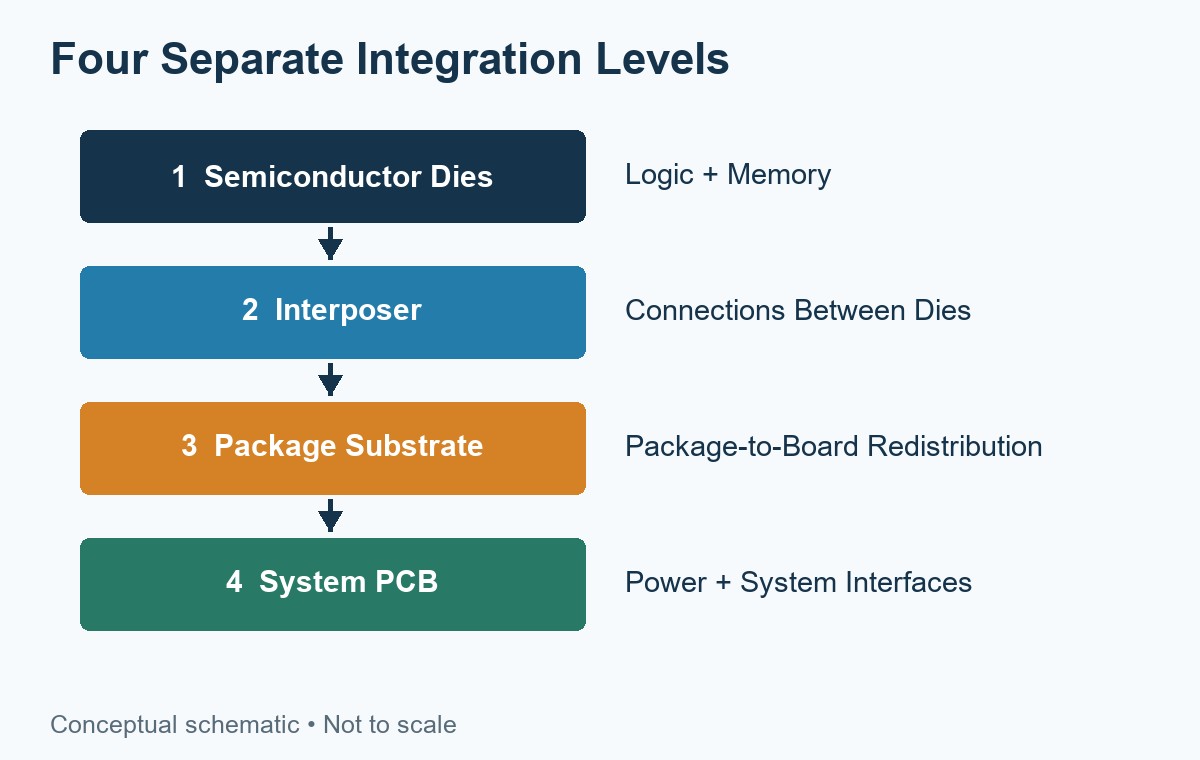 Four distinct levels: dies, interposer, package substrate, and system PCB