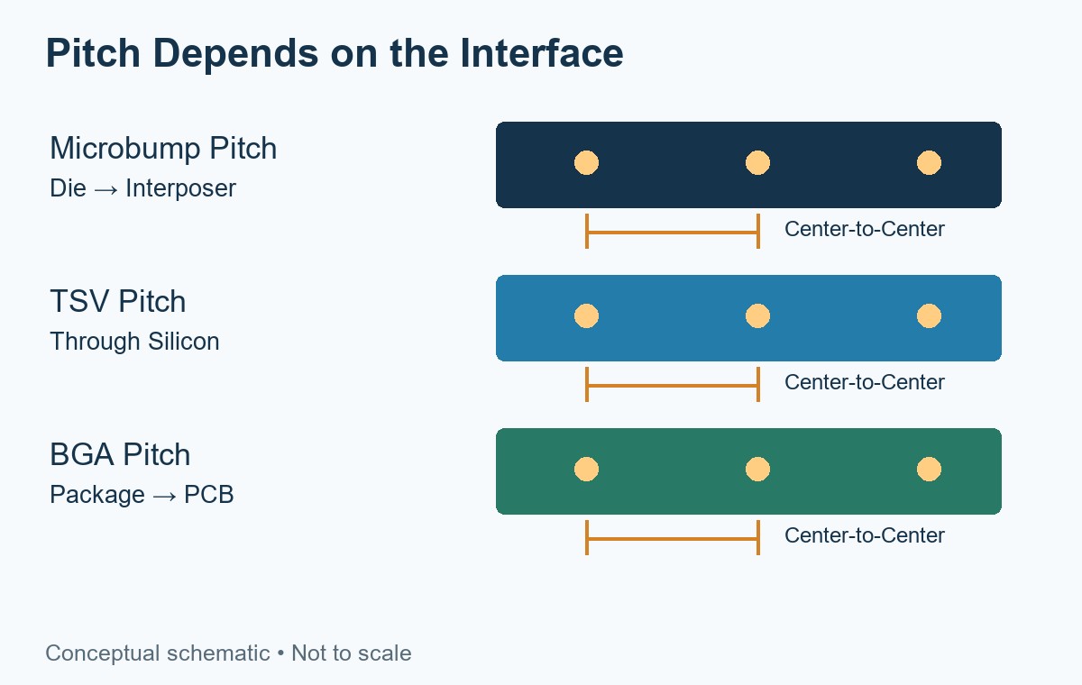 Microbump, TSV, and BGA pitches refer to different package interfaces