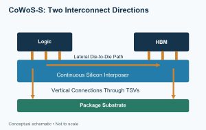 Lateral logic-to-HBM routing and vertical TSV connections to the package substrate