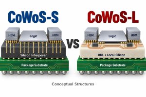 Conceptual comparison of a continuous CoWoS-S silicon interposer and a CoWoS-L RDL interposer with local silicon bridges