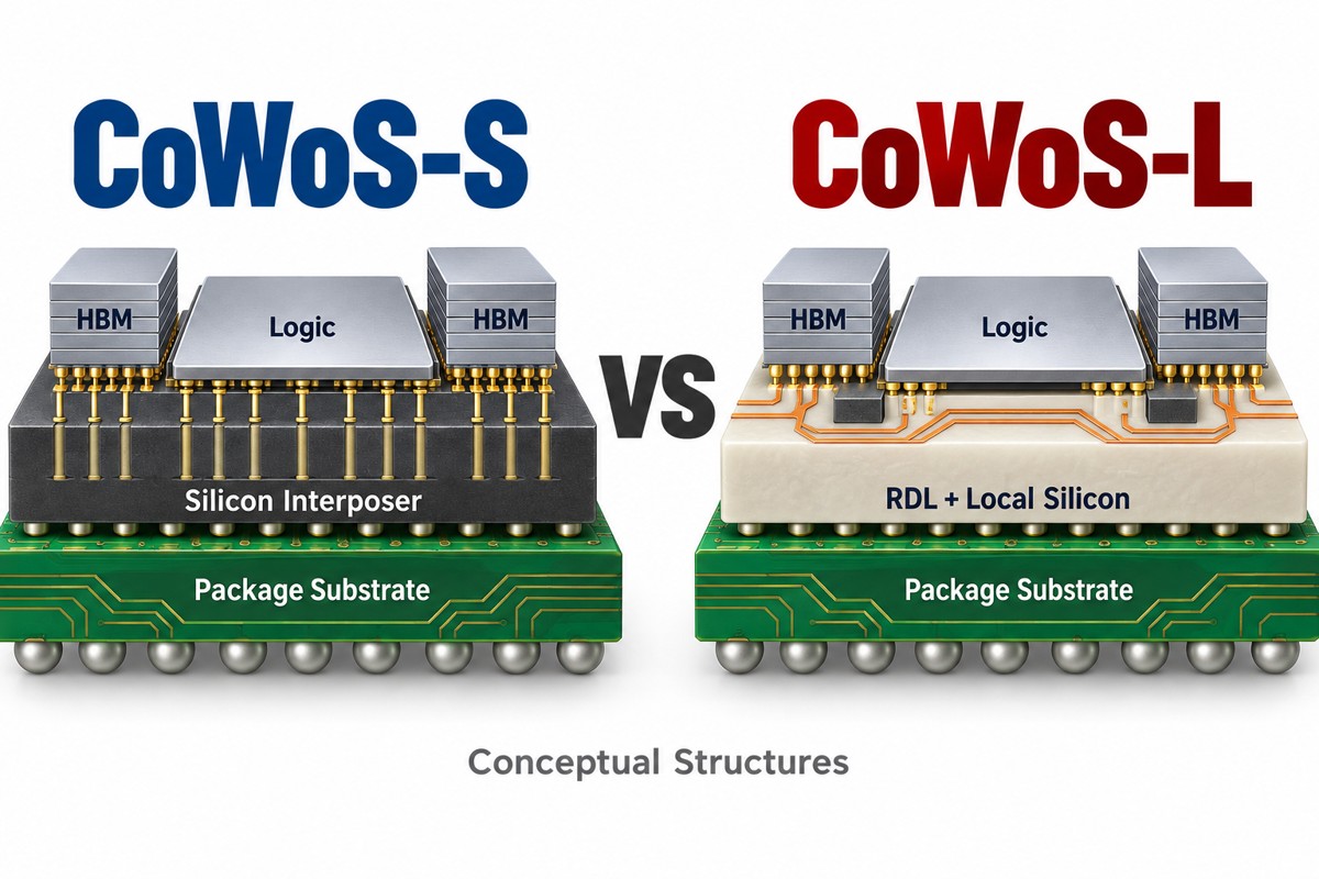 Conceptual comparison of a continuous CoWoS-S silicon interposer and a CoWoS-L RDL interposer with local silicon bridges