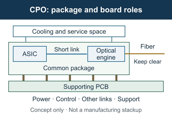 Co-packaged optics, conceptual package and supporting PCB responsibilities for fiber, cooling, power and control; not a manufacturing stackup