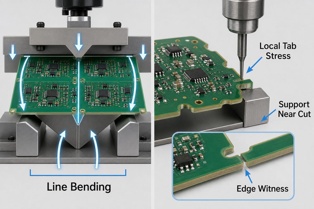 Comparison of PCB depaneling stress and edge quality for V-scored and tab-routed assemblies