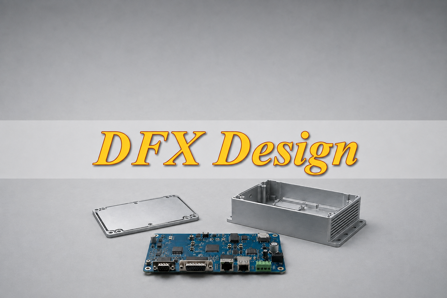 DFX Design title centered across an illustrative PCB assembly and silver electronics enclosure