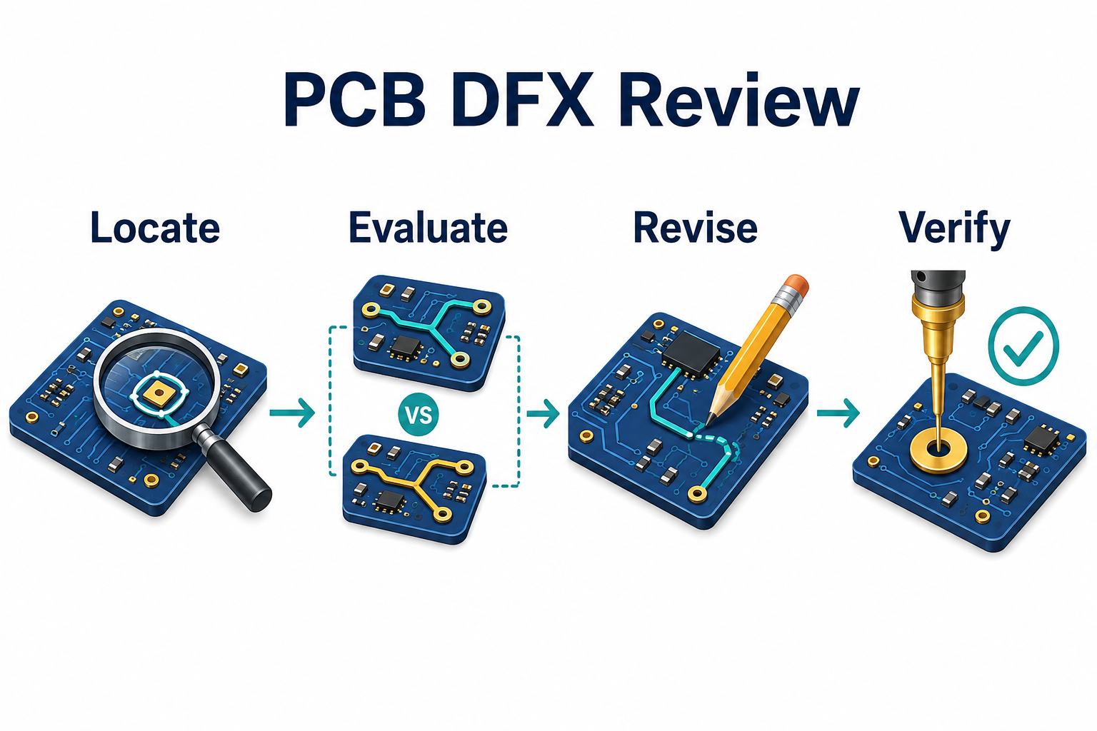 Conceptual PCB DFX review workflow: locate, evaluate, revise and verify