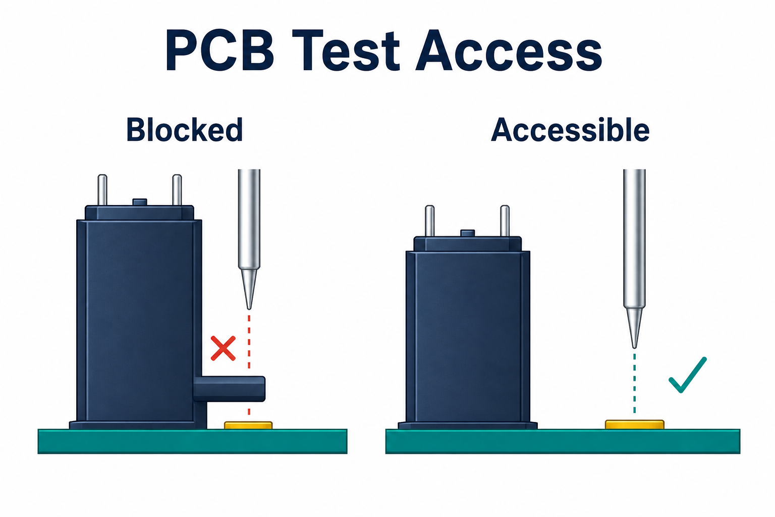 PCB test-access diagram comparing a probe blocked by a connector overhang with an accessible gold test pad