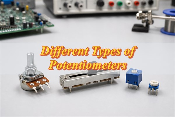 Different Types of Potentiometers including rotary, slide, and trimmer controls on an electronics workbench