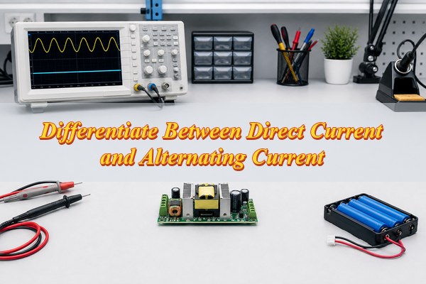 differentiate between direct current and alternating current, AC and DC power conversion board on a laboratory bench with waveform display