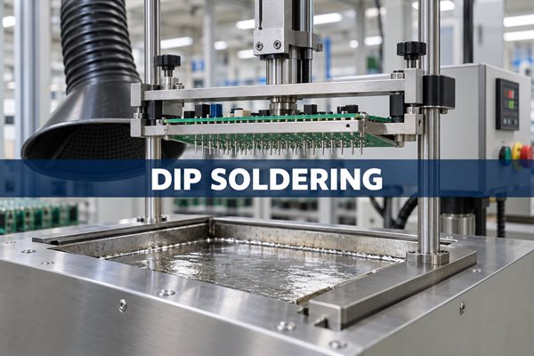 Dip soldering, machine holding a through-hole PCB above a static solder bath