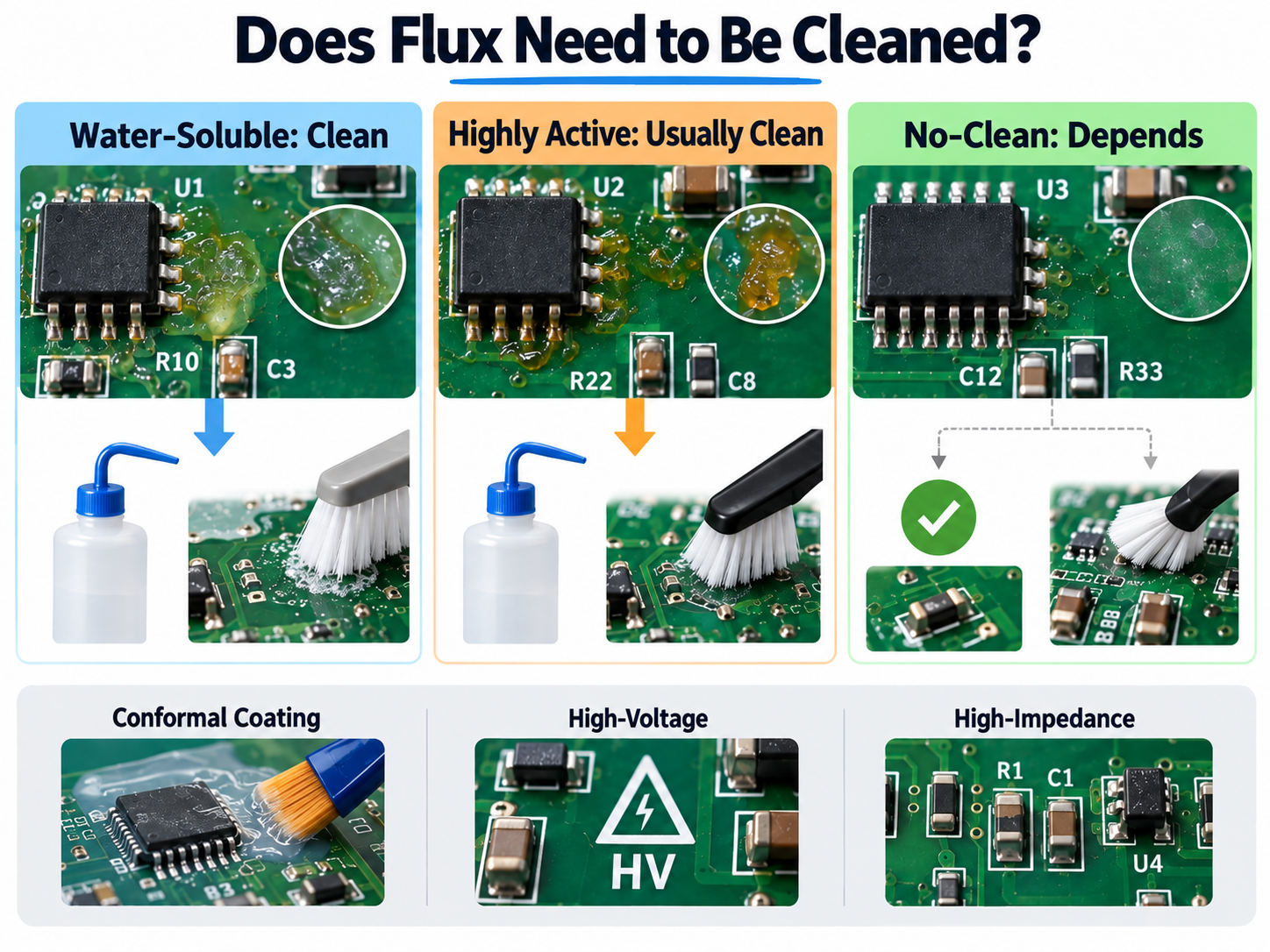 Does Flux Need to Be Cleaned? PCB flux residue cleaning guide for water-soluble, highly active, and no-clean flux
