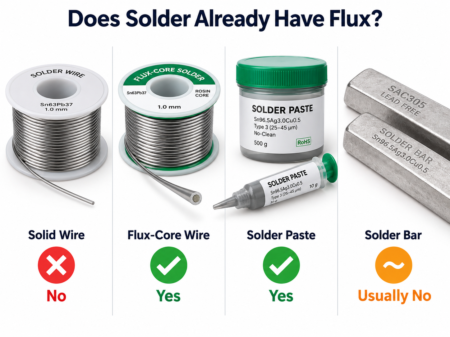 Does Solder Already Have Flux? Comparison of solid solder wire, flux-core solder wire, solder paste, and solder bar