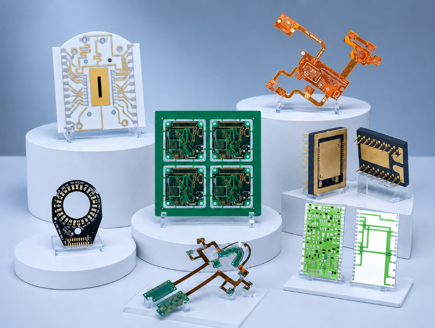 EBest Circuit product display with rigid circuit boards, flexible circuits, and ceramic substrates