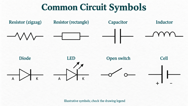 Original electrical symbols chart showing resistors, capacitor, inductor, diode, LED, switch and cell