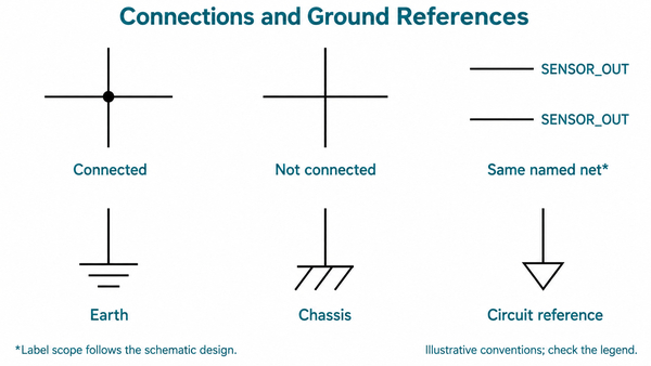 Illustrative connected and unconnected wire crossings, matching net labels and ground reference symbols