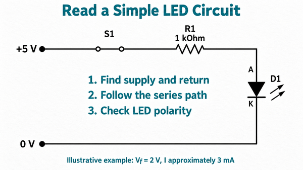 Illustrative closed-switch LED circuit with 5 V supply, 1 kilohm resistor and approximately 3 mA under stated assumptions