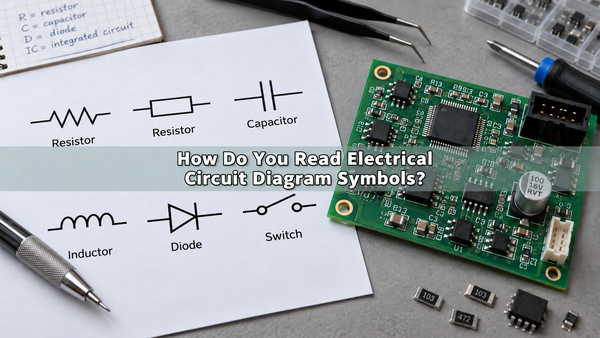 Electrical circuit diagram symbols on a reference sheet beside a PCB, conceptual illustration