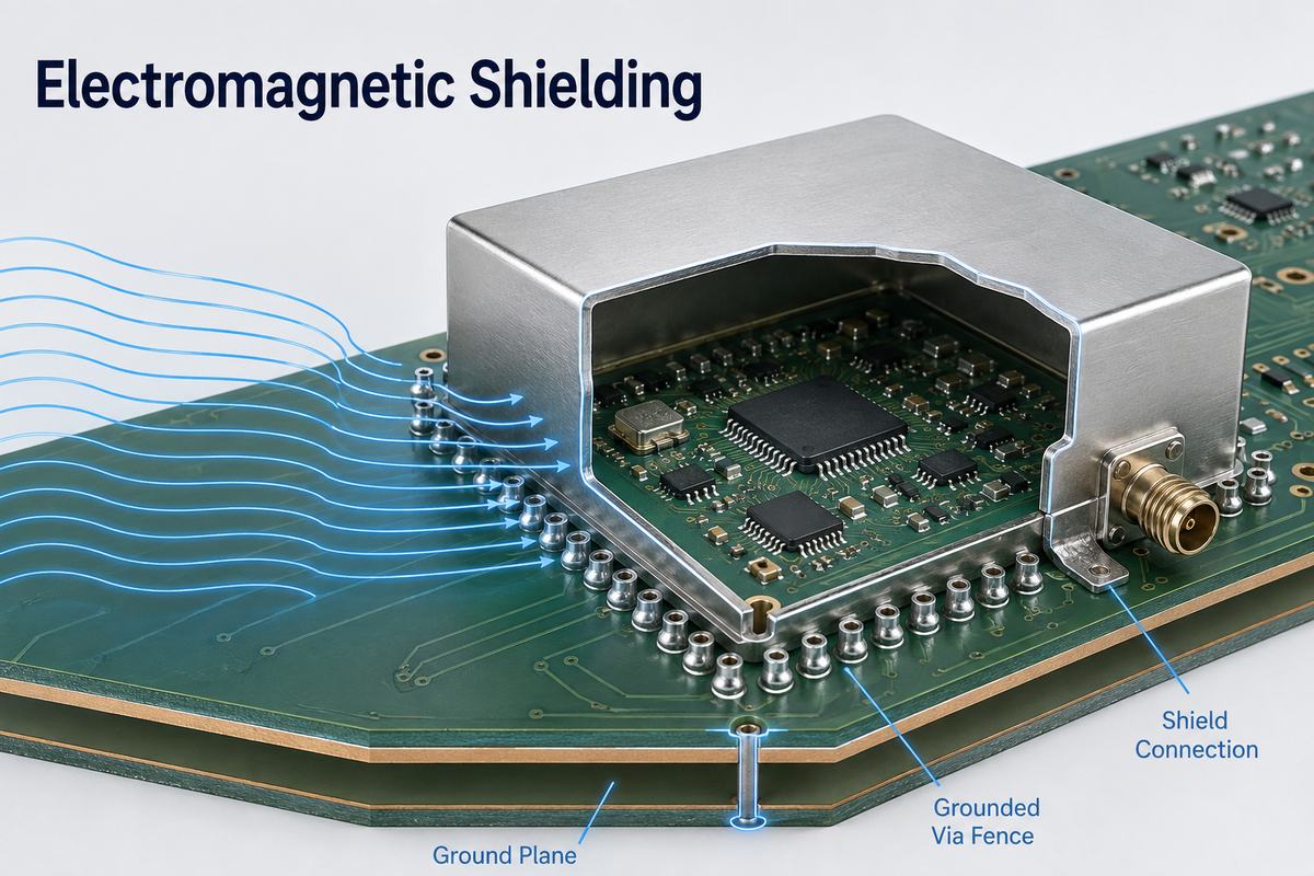 PCB assembly with a grounded metal shield controlling electromagnetic fields