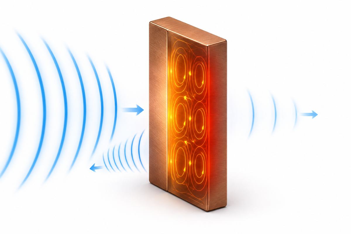 Diagram showing reflection and absorption of electromagnetic energy at a conductive shield