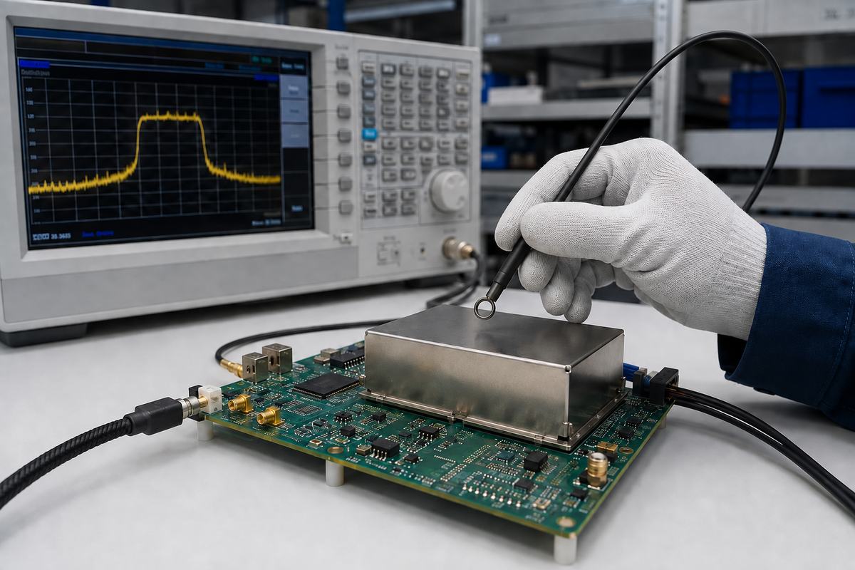 Engineer validating PCB electromagnetic shielding with a near-field probe and test equipment