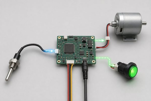 Sensor connected to an embedded control PCB that drives a motor and indicator