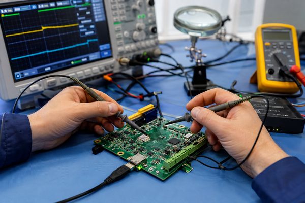 Engineer probing an embedded system PCB during oscilloscope testing