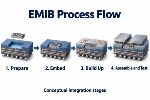 Four conceptual EMIB integration stages from cavity preparation to assembly and testing