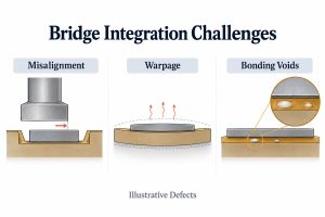 Illustrative bridge integration defects showing misalignment, warpage and bonding voids