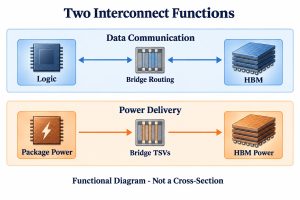 Functional diagram separating logic-to-HBM data communication from power delivery through bridge TSVs
