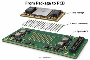 Exploded conceptual view separating the chip package, external BGA connections and larger system PCB