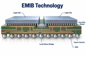 Conceptual EMIB package showing local silicon bridge, logic dies, substrate and BGA connections