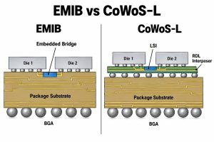 EMIB substrate bridge compared with the distinct RDL and local silicon interconnect architecture of CoWoS-L