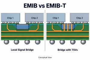 Conceptual comparison of a local EMIB signal bridge and an EMIB-T bridge with TSVs