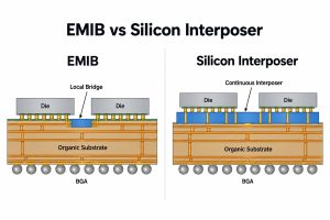 Comparison of a local EMIB bridge and a continuous silicon interposer