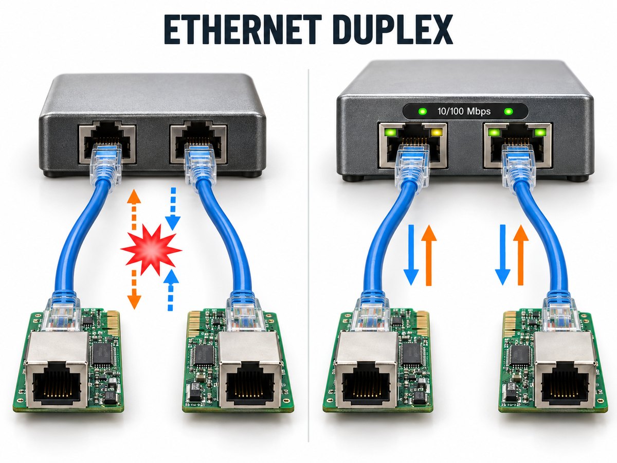 Half duplex and full duplex Ethernet with 10 and 100 Mbps connections