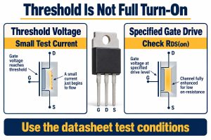 Threshold voltage supports only a small test current while low on-resistance requires the specified gate drive