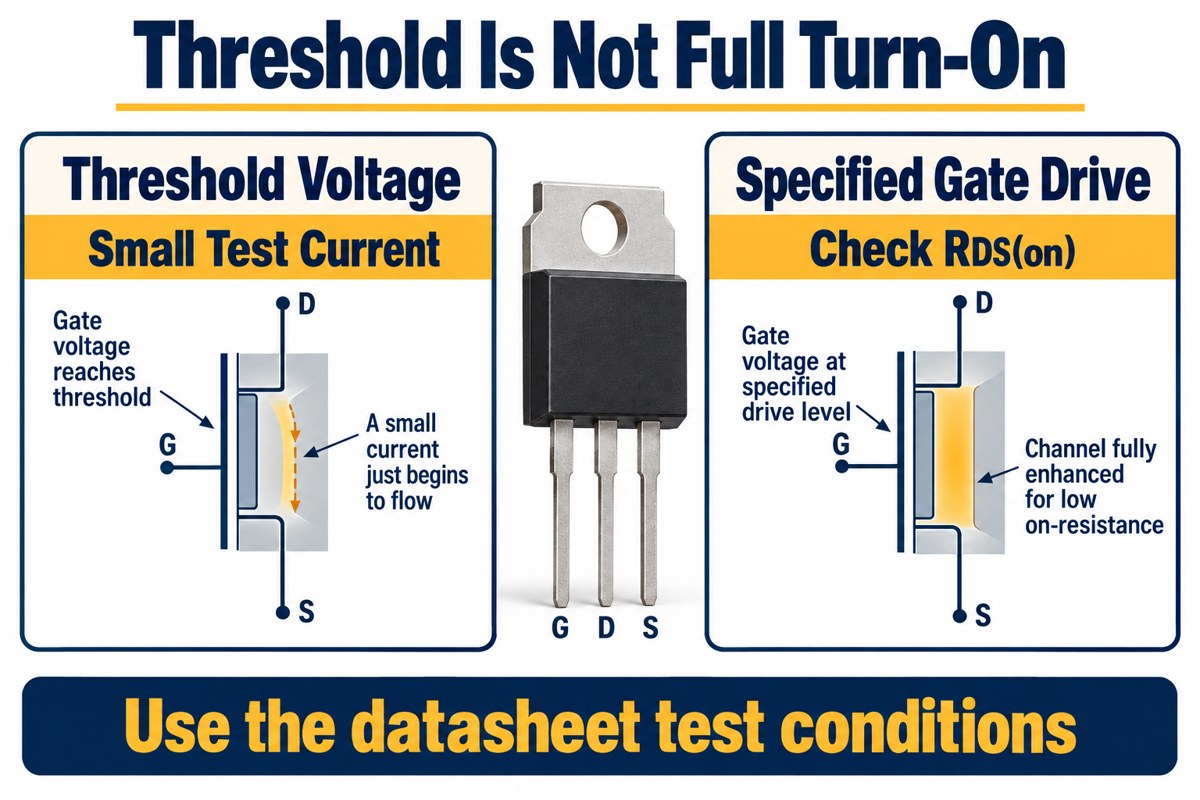 Threshold voltage supports only a small test current while low on-resistance requires the specified gate drive