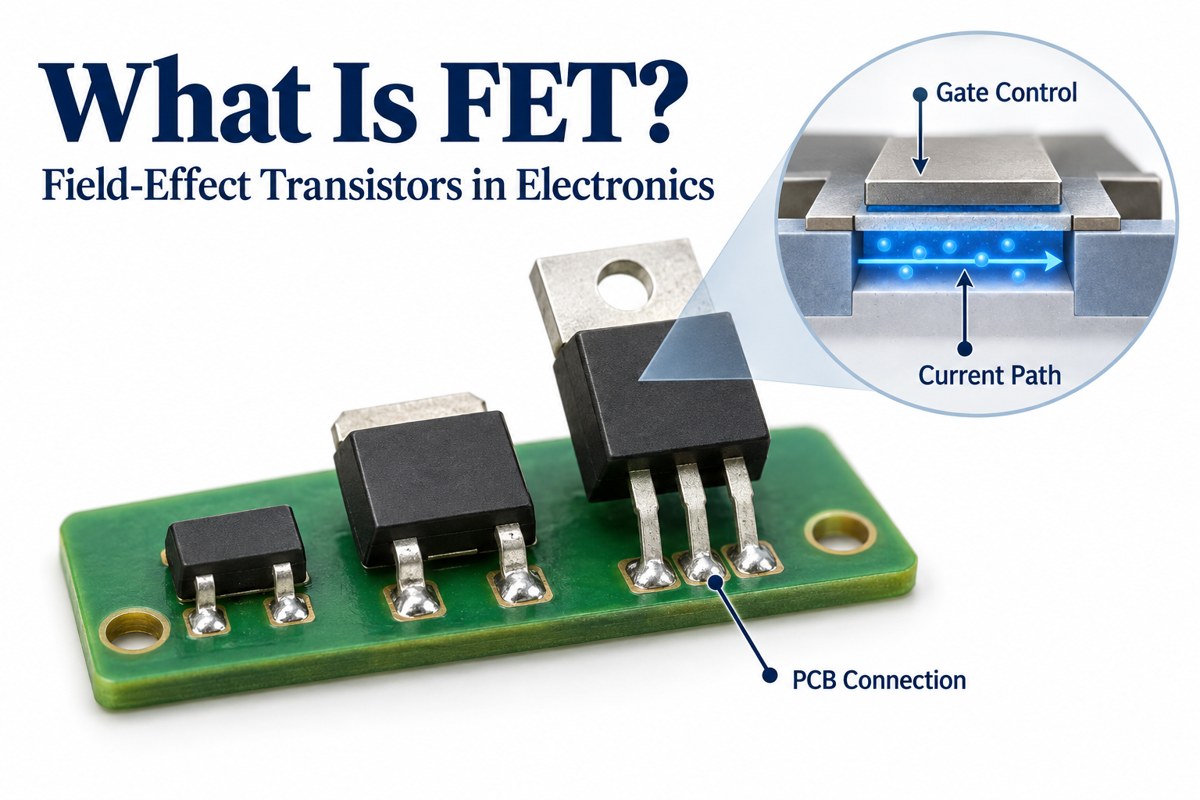 Field-effect transistor packages on a PCB with conceptual gate-control and current-path inset