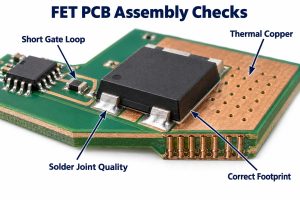 Conceptual FET PCB assembly showing gate-loop routing, thermal copper, solder joints and footprint review