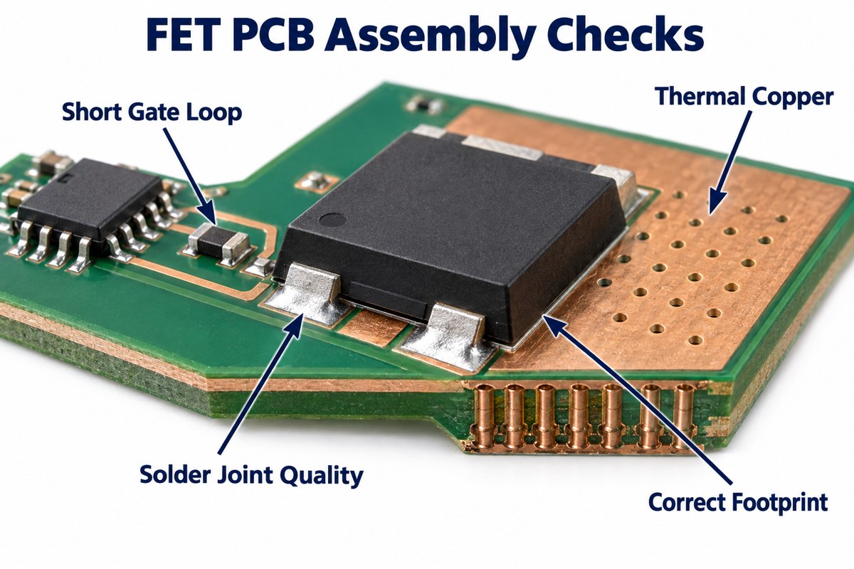 Conceptual FET PCB assembly showing gate-loop routing, thermal copper, solder joints and footprint review
