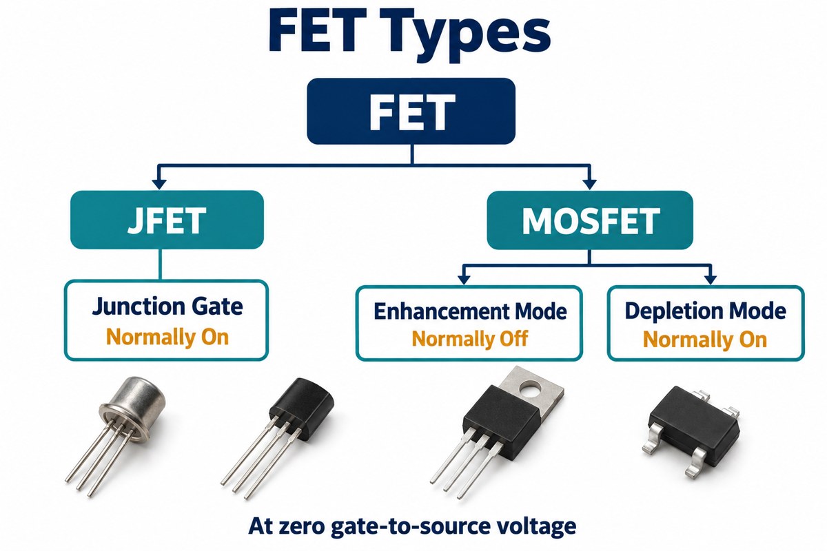 Common FET types showing JFET and enhancement-mode and depletion-mode MOSFET branches