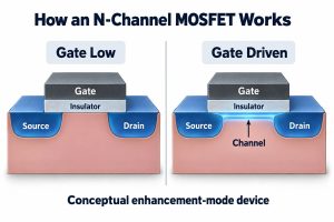 Conceptual enhancement-mode N-channel MOSFET channel absent with gate low and formed when the gate is driven