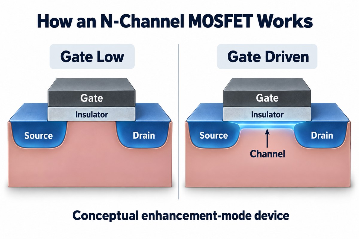 Conceptual enhancement-mode N-channel MOSFET channel absent with gate low and formed when the gate is driven