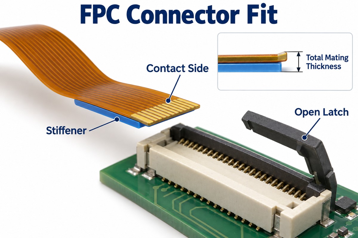 FPC tail, local stiffener and open ZIF connector with total mating thickness indicated