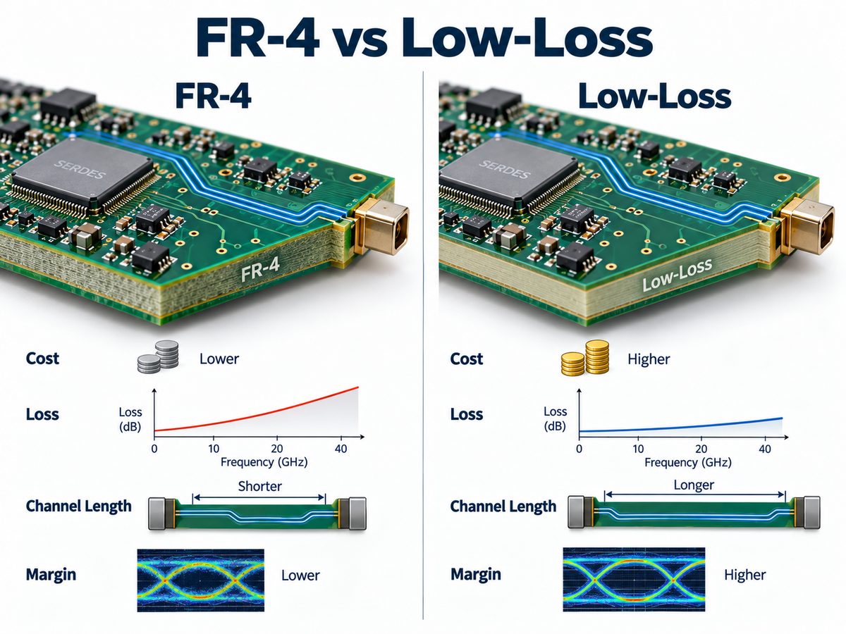 FR-4 versus low-loss PCB materials comparison for cost, loss, channel length and signal margin