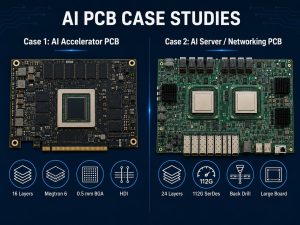 Two AI PCB manufacturing case studies comparing an AI accelerator PCB and an AI server networking PCB